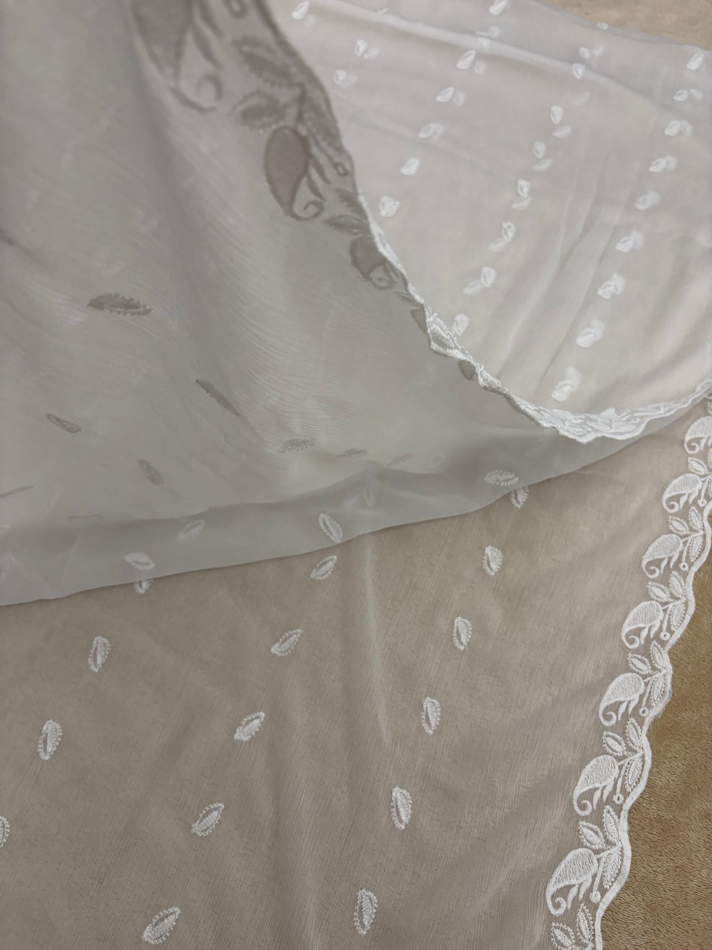 Crinkle Embroidery Dupatta, Soft Floral Wrap, Elegant Ladies Scarf, 322,White