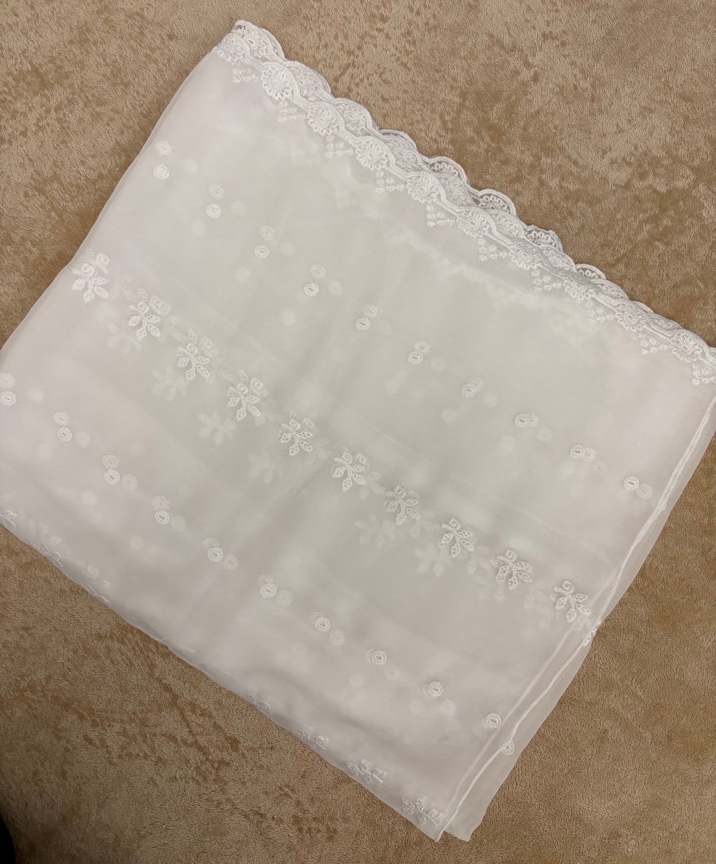 Crinkle Embroidery Dupatta, Soft Floral Wrap, Elegant Ladies Scarf, 324,White