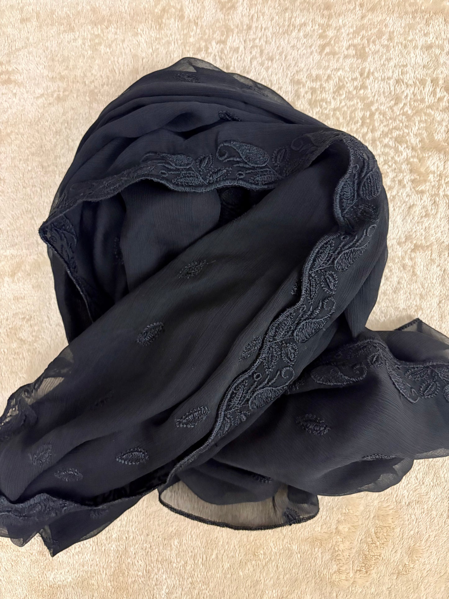 Crinkle Embroidery Dupatta, Soft Floral Wrap, Elegant Ladies Scarf, 315,Black