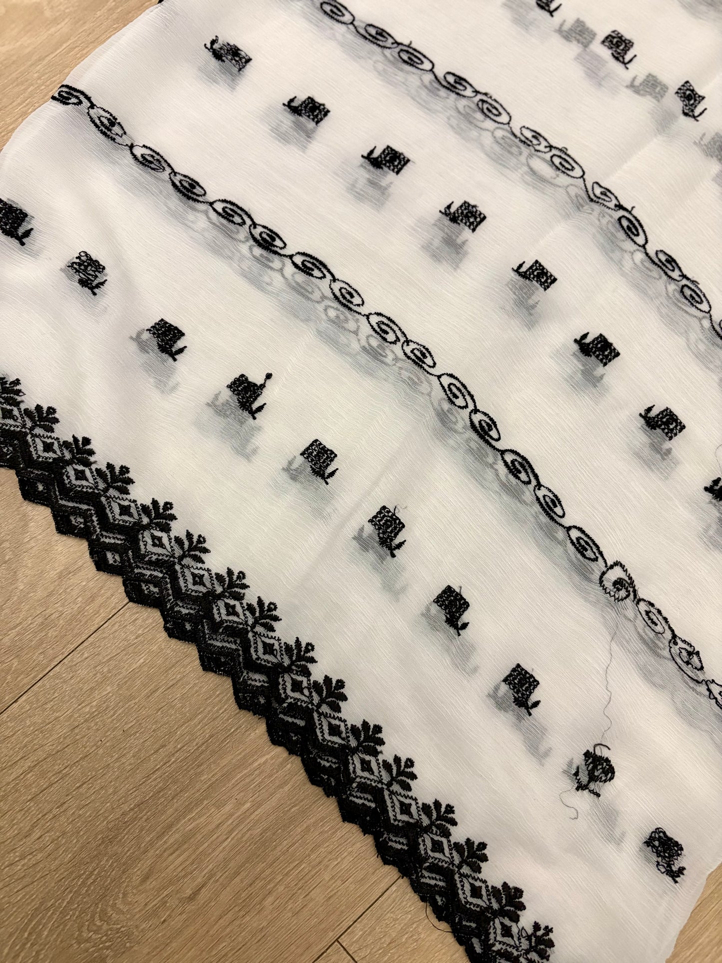 Crinkle Embroidery Dupatta, Soft Floral Wrap, Elegant Ladies Scarf, 296,White