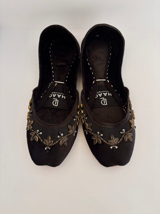 300-Handmade Leather/Velvet Khussa/Jutti -Black– Available sizes: UK 5,6,8