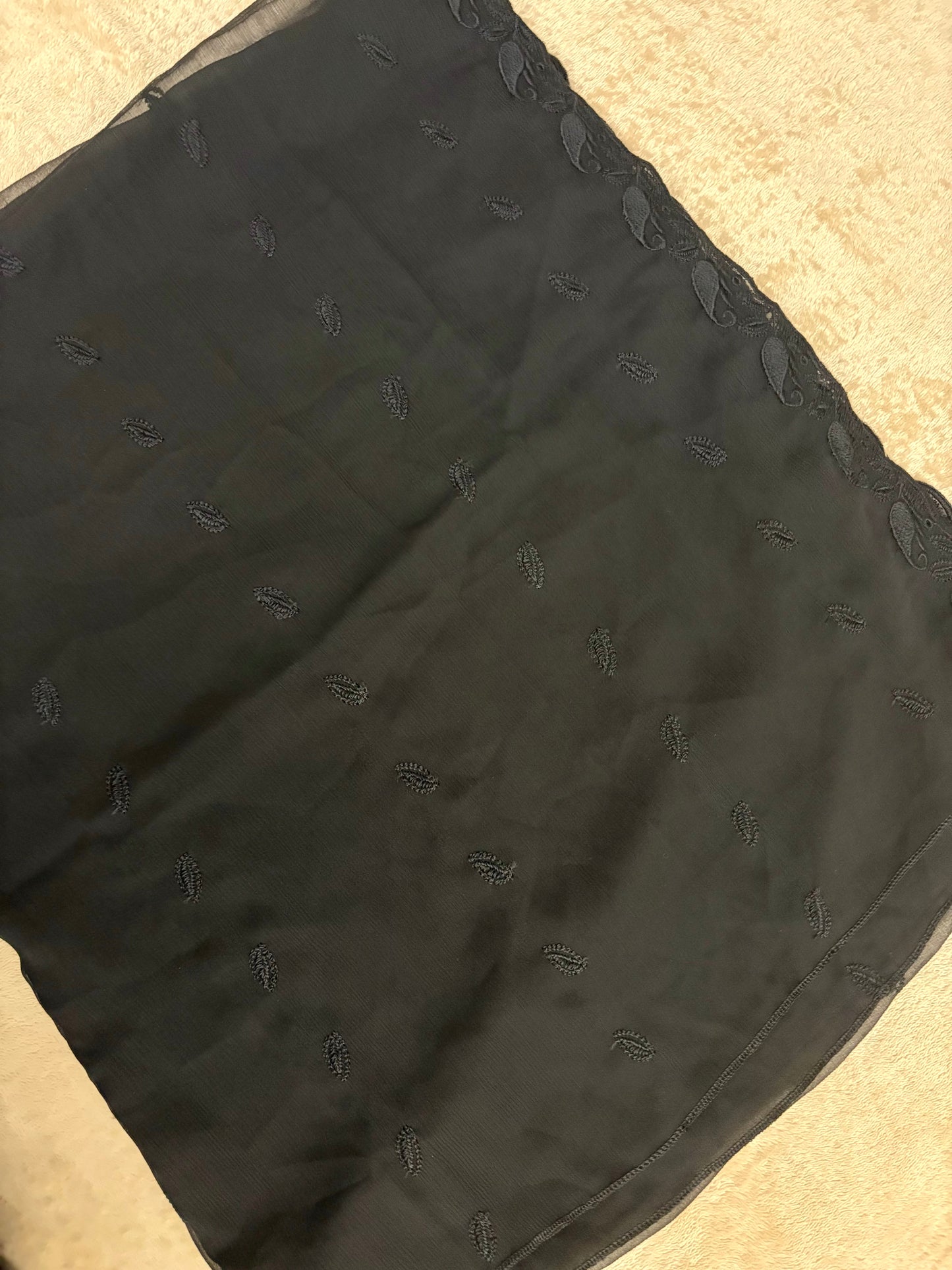 Crinkle Embroidery Dupatta, Soft Floral Wrap, Elegant Ladies Scarf, 315,Black