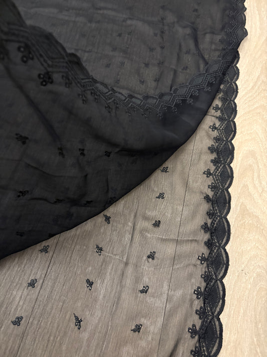 Crinkle Embroidery Dupatta, Soft Floral Wrap, Elegant Ladies Scarf, 294, Black