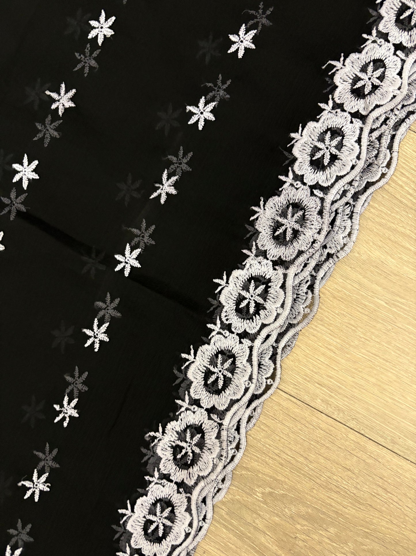 Crinkle Embroidery Dupatta, Soft Floral Wrap, Elegant Ladies Scarf, 298,Black