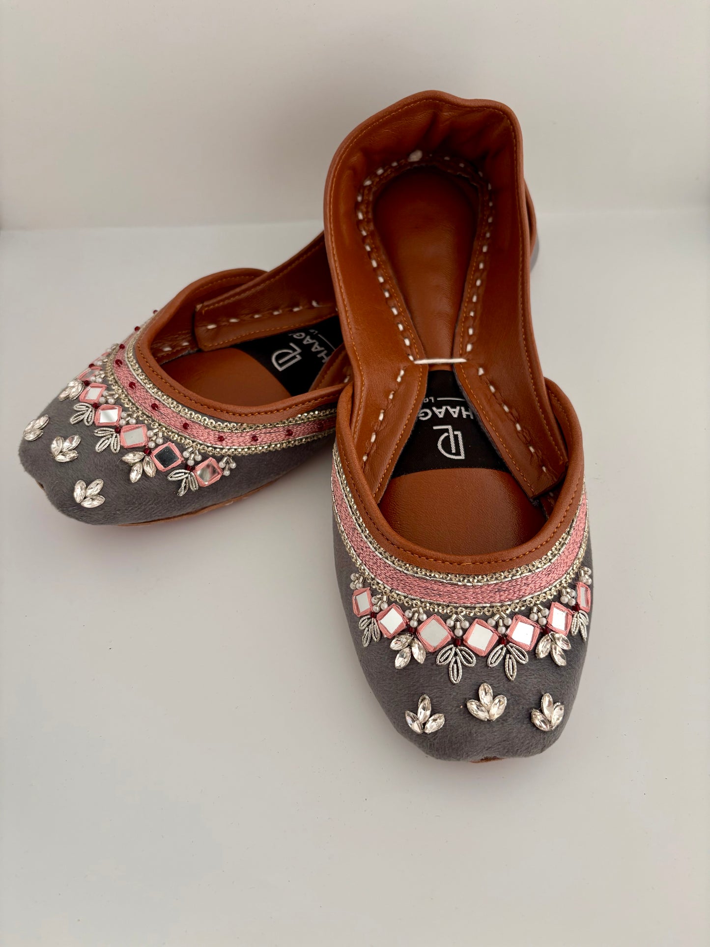 341-Handmade Leather/Velvet Khussa/Jutti - Charcoal Grey-Available sizes: UK 5,6,7,8