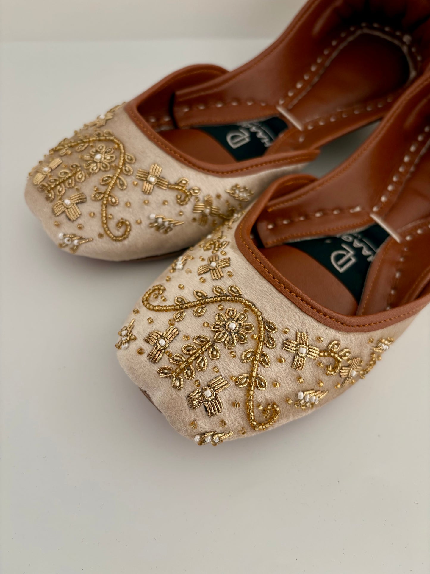 339-Handmade Leather/Velvet Khussa/Jutti -Ivory / Champagne -Available sizes: UK 5,6,7,8