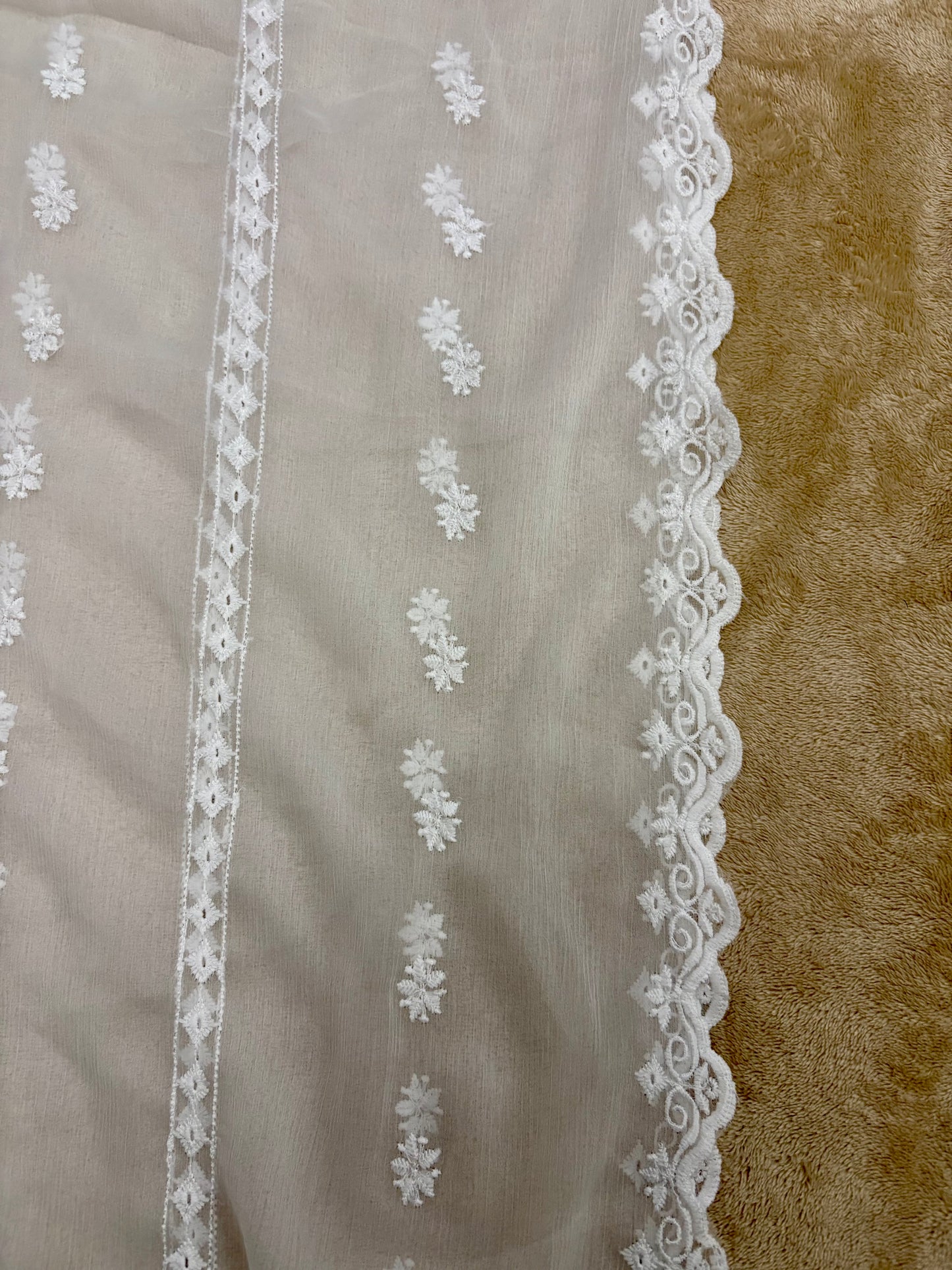 Crinkle Embroidery Dupatta, Soft Floral Wrap, Elegant Ladies Scarf, 321,White