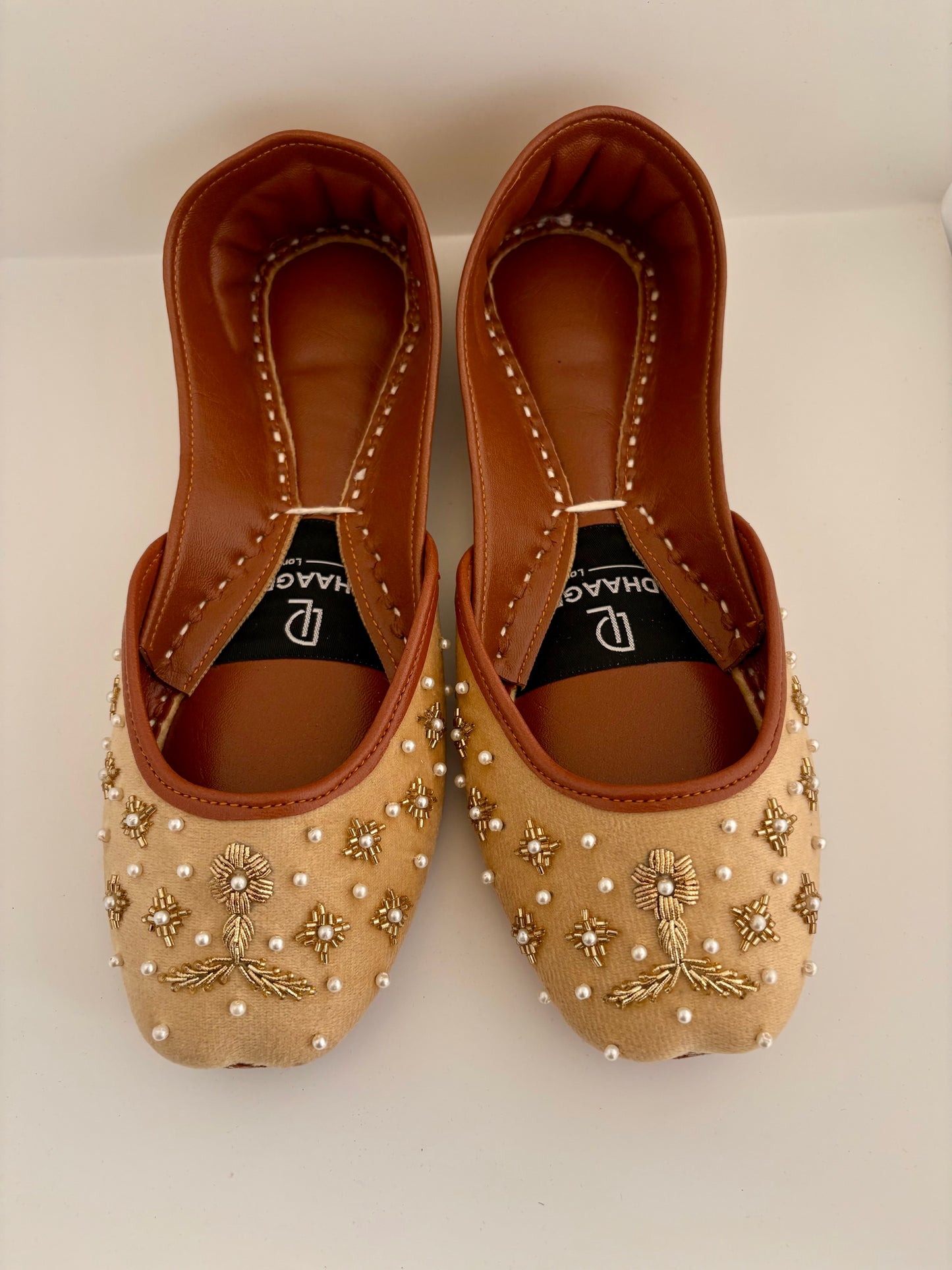 338-Handmade Leather/Velvet Khussa/Jutti -Warm Sand-Available sizes: UK 5,6,7,8
