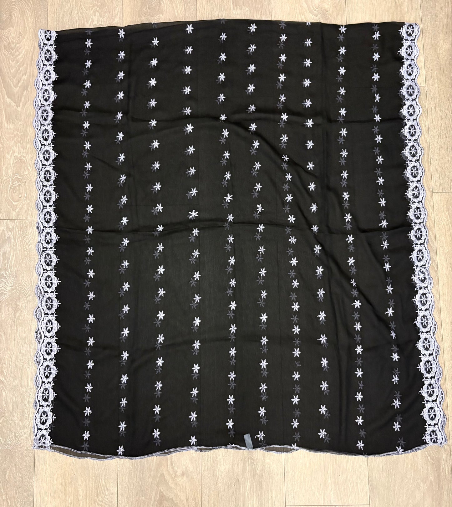 Crinkle Embroidery Dupatta, Soft Floral Wrap, Elegant Ladies Scarf, 298,Black