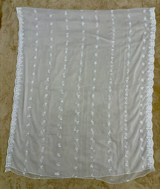 Crinkle Embroidery Dupatta, Soft Floral Wrap, Elegant Ladies Scarf, 317, White