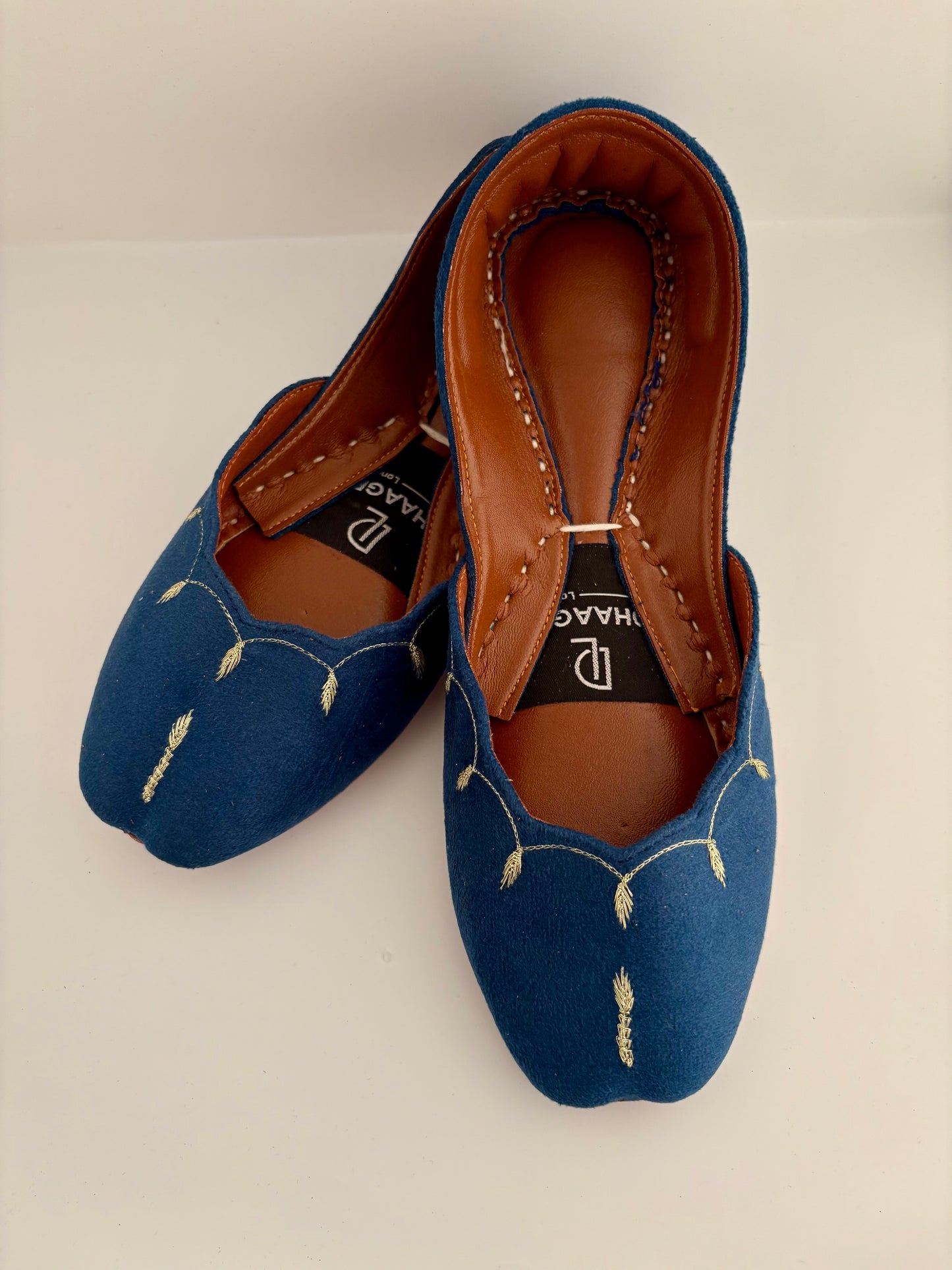 344-Handmade Leather/Velvet Khussa/Jutti - Teal Blue - Available sizes: UK 5,6,7,8