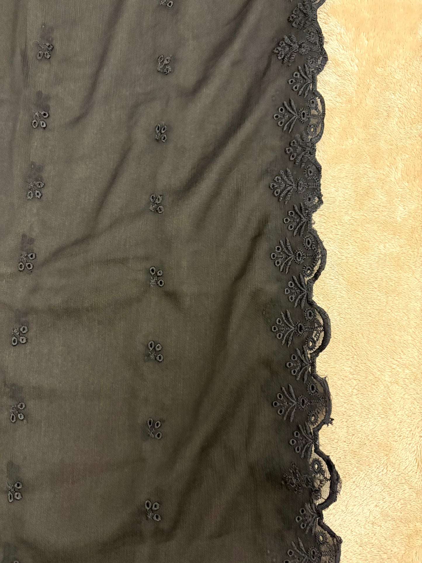 Crinkle Embroidery Dupatta, Soft Floral Wrap, Elegant Ladies Scarf, 318,Black