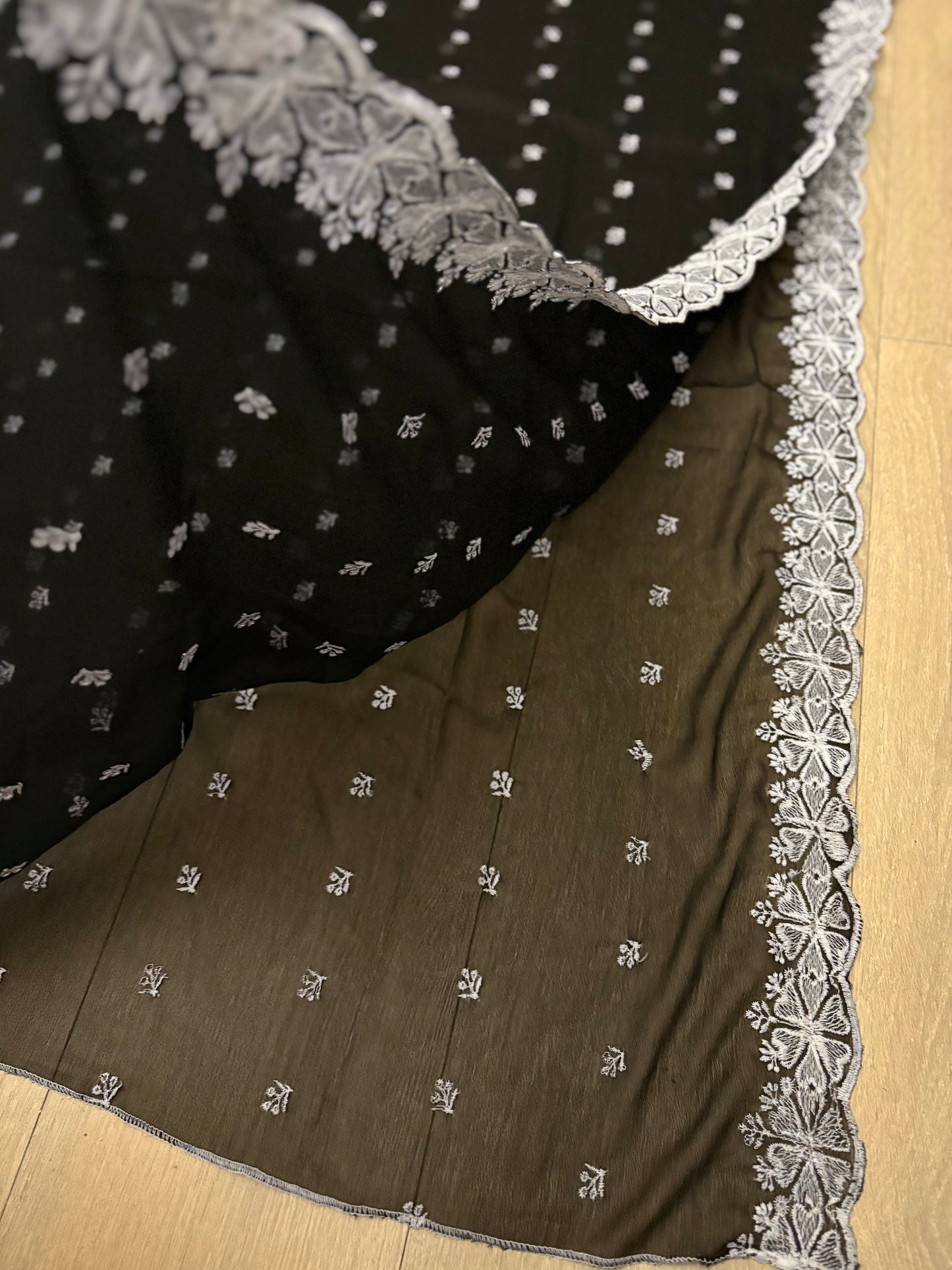 Crinkle Embroidery Dupatta, Soft Floral Wrap, Elegant Ladies Scarf, 299,Black
