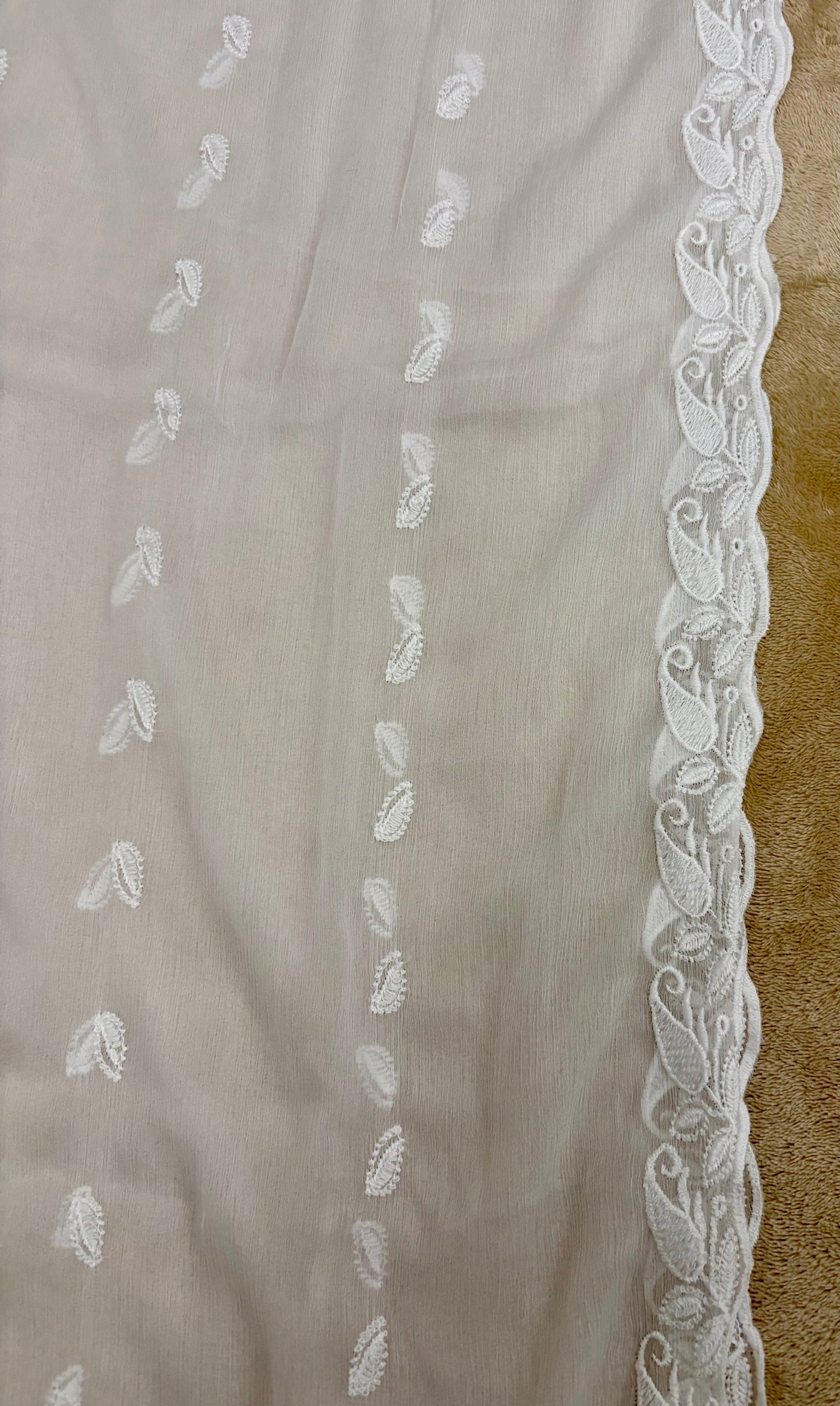 Crinkle Embroidery Dupatta, Soft Floral Wrap, Elegant Ladies Scarf, 322,White