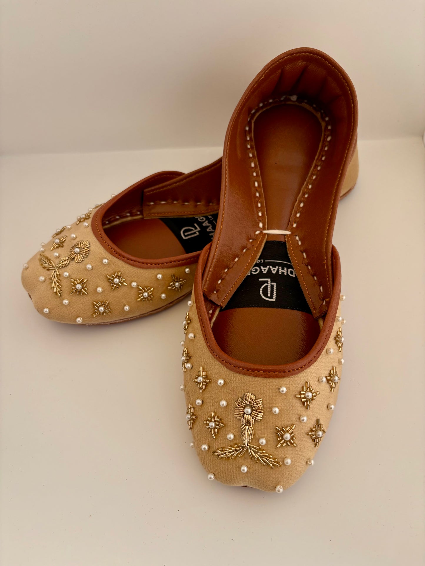 338-Handmade Leather/Velvet Khussa/Jutti -Warm Sand-Available sizes: UK 5,6,7,8