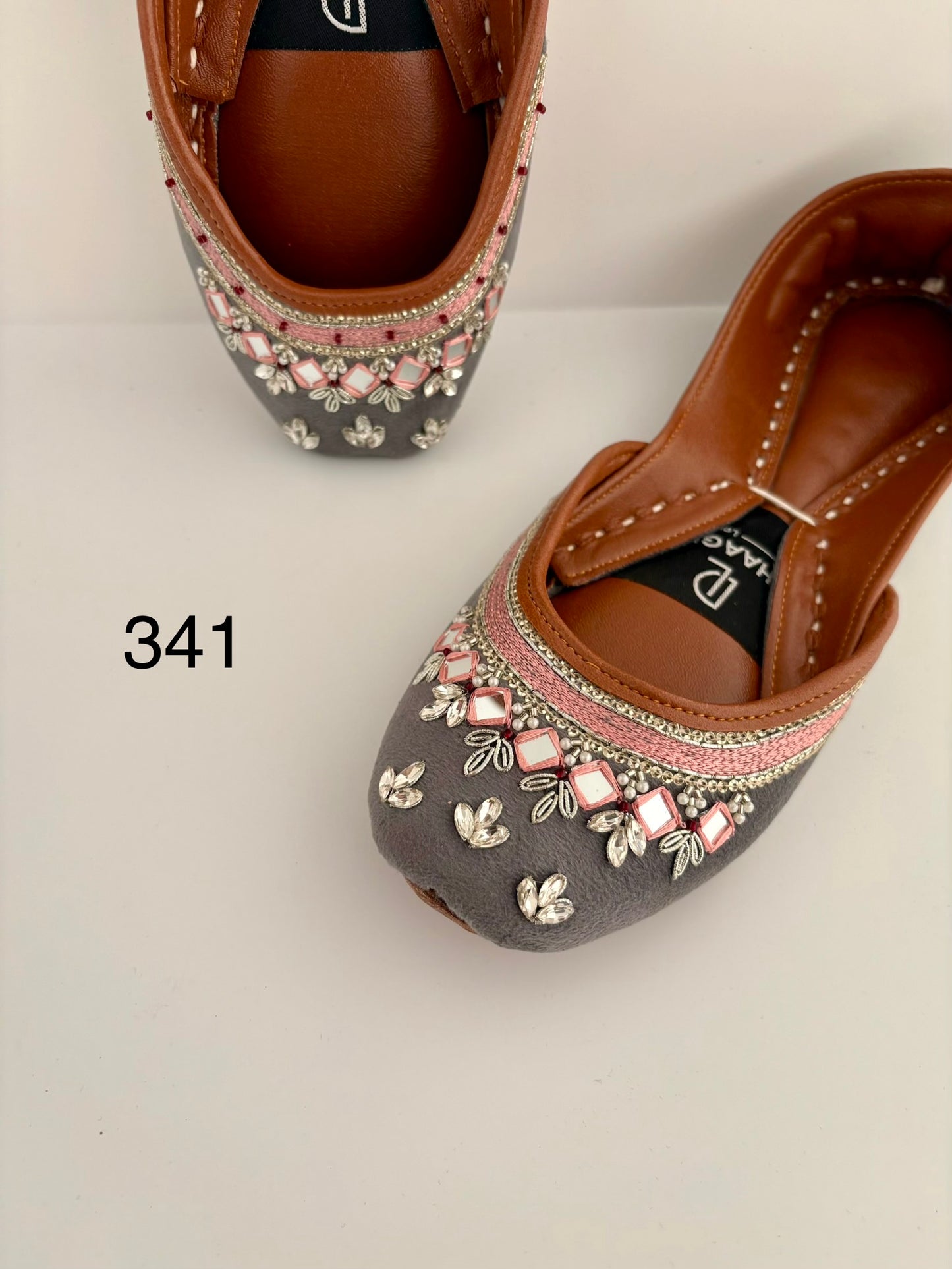 341-Handmade Leather/Velvet Khussa/Jutti - Charcoal Grey-Available sizes: UK 5,6,7,8