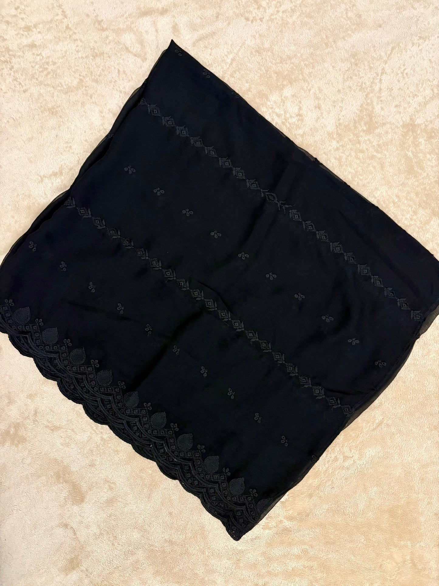Crinkle Embroidery Dupatta, Soft Floral Wrap, Elegant Ladies Scarf, 320,Black