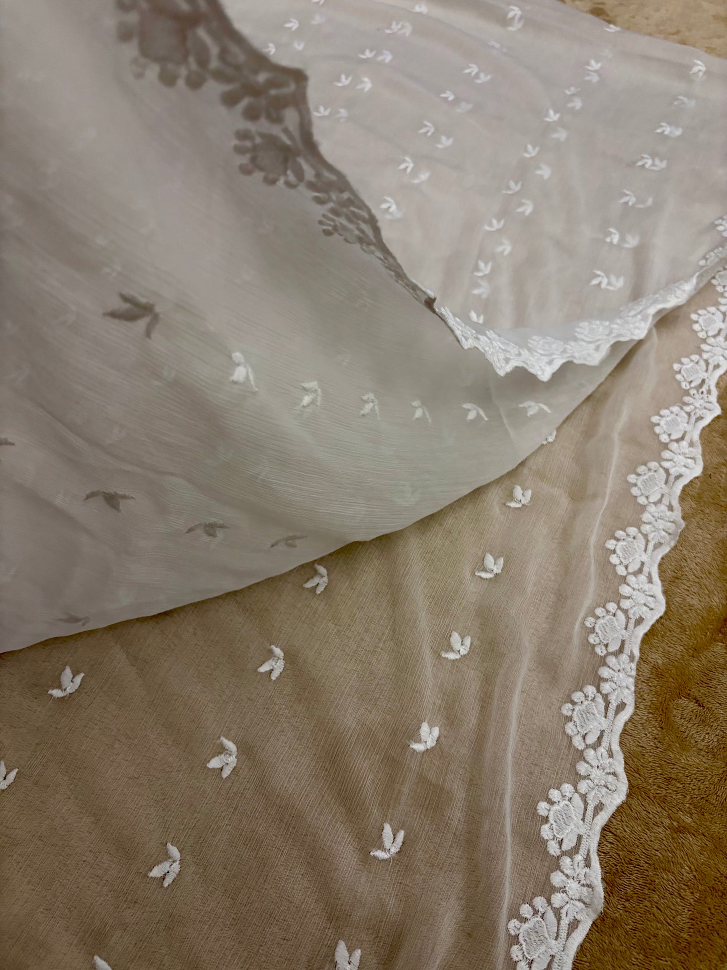 Crinkle Embroidery Dupatta, Soft Floral Wrap, Elegant Ladies Scarf, 319, White