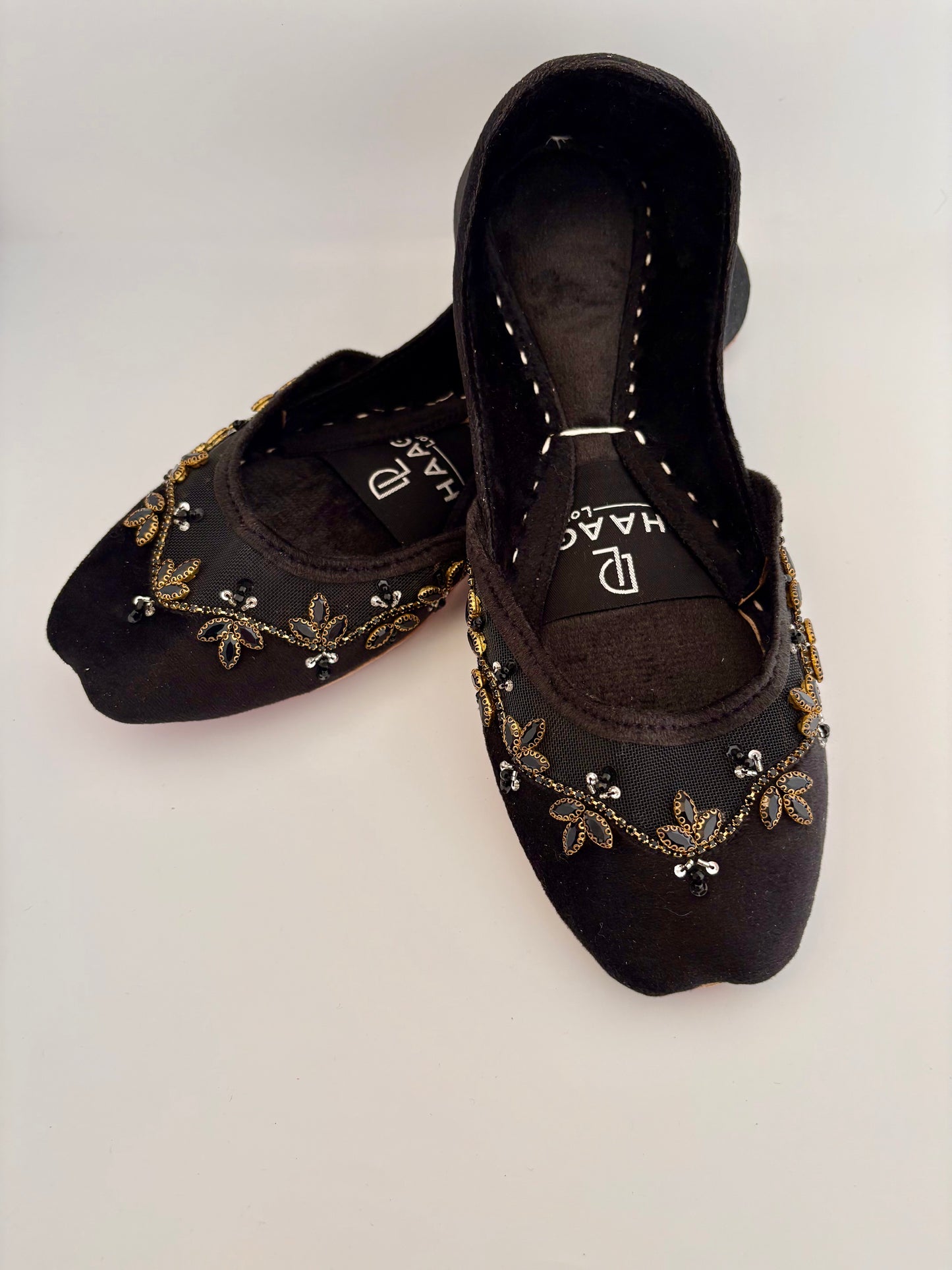 300-Handmade Leather/Velvet Khussa/Jutti -Black– Available sizes: UK 5,6,8