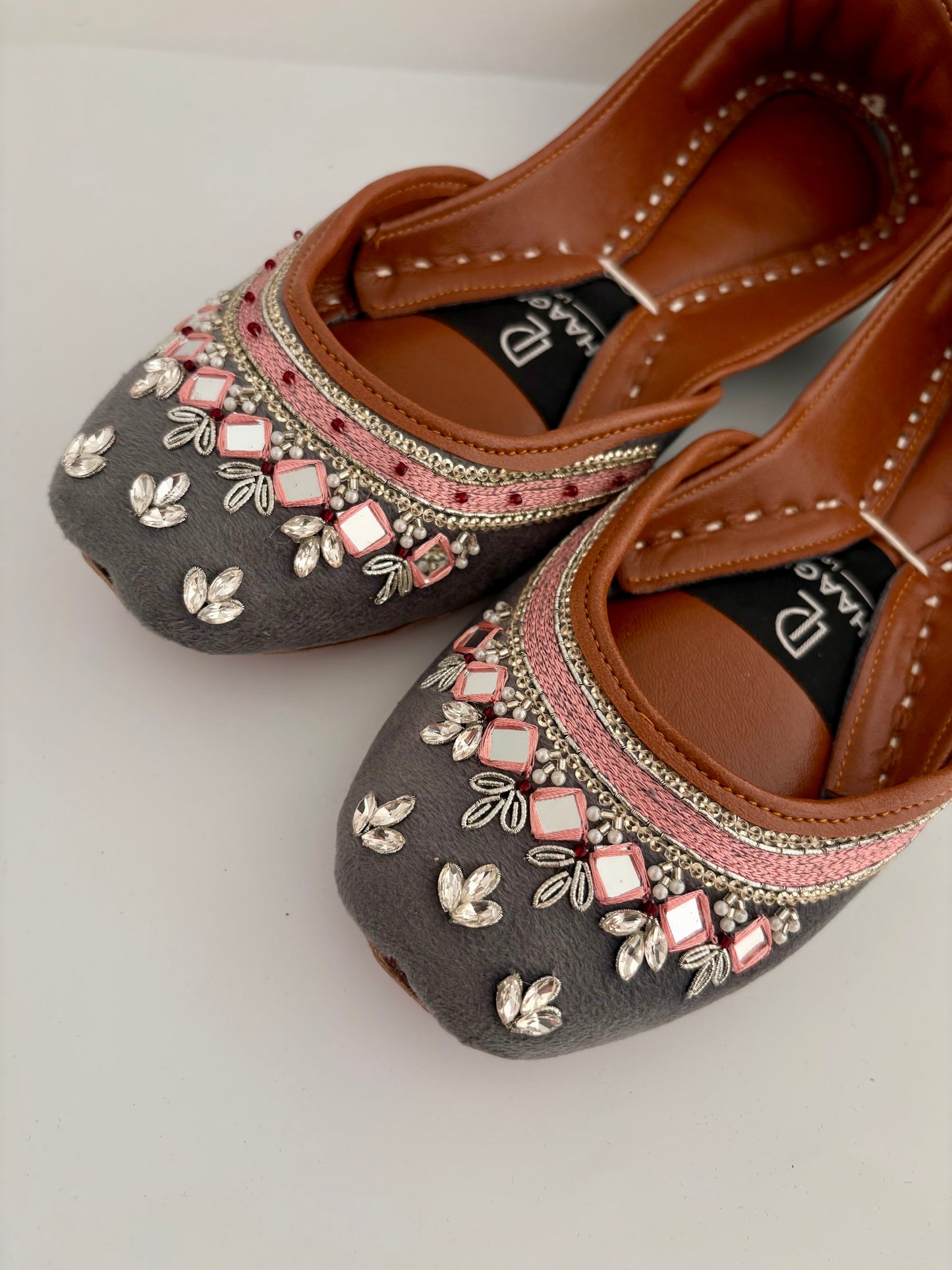 341-Handmade Leather/Velvet Khussa/Jutti - Charcoal Grey-Available sizes: UK 5,6,7,8