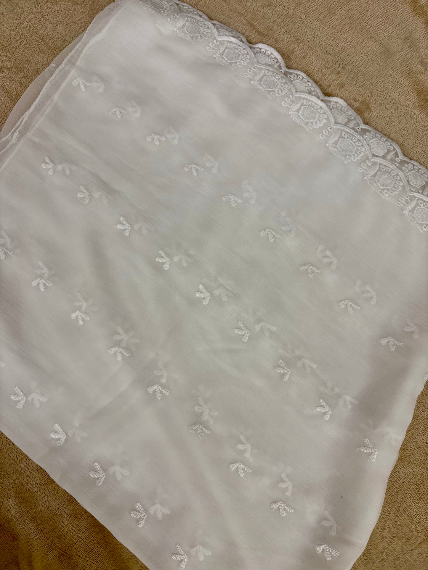 Crinkle Embroidery Dupatta, Soft Floral Wrap, Elegant Ladies Scarf, 314,White