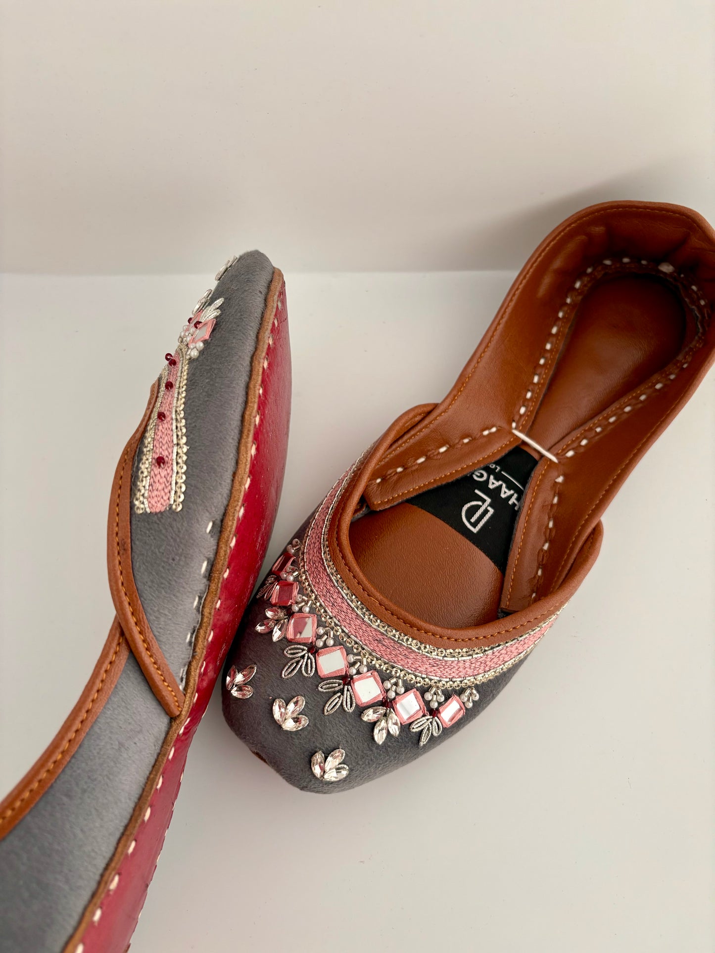 341-Handmade Leather/Velvet Khussa/Jutti - Charcoal Grey-Available sizes: UK 5,6,7,8