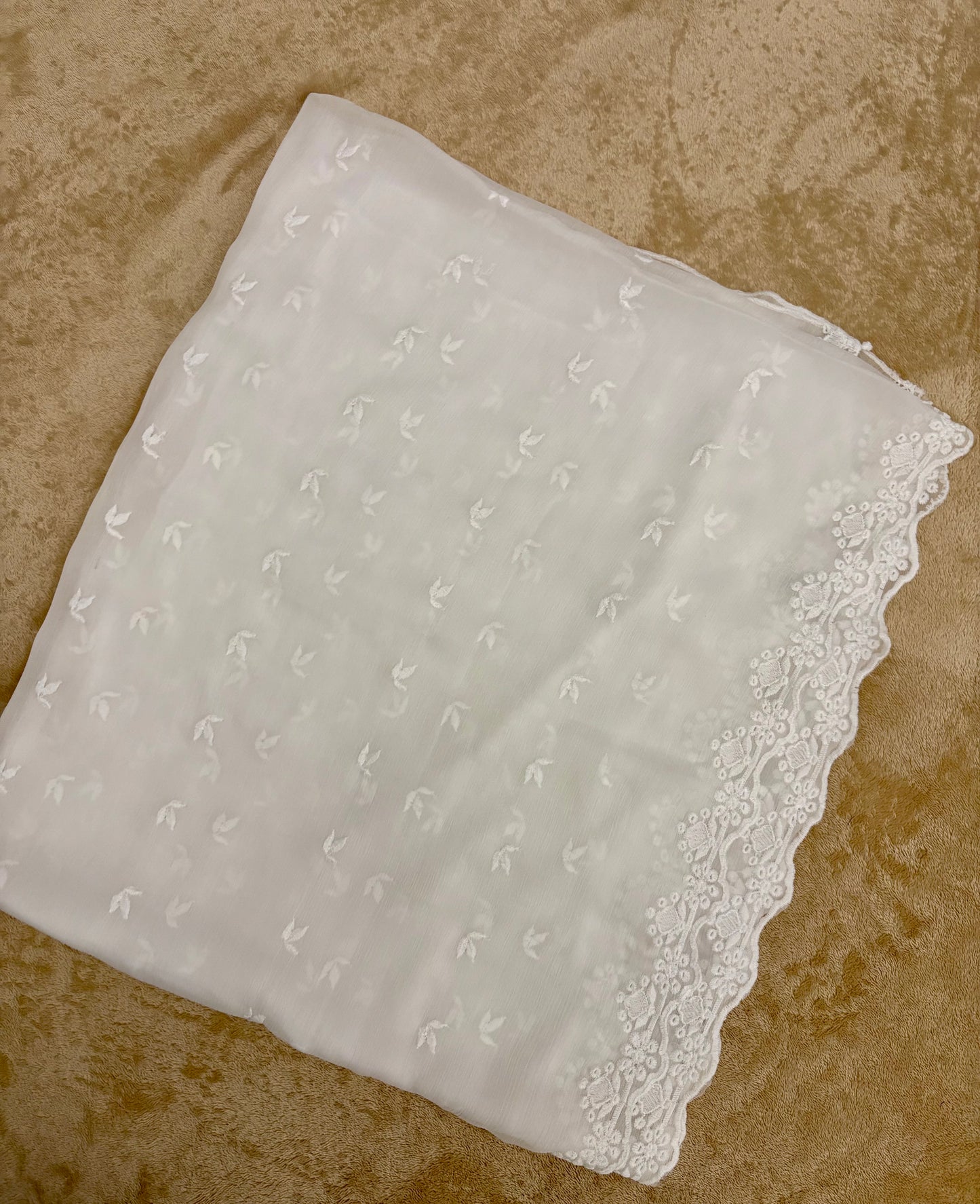 Crinkle Embroidery Dupatta, Soft Floral Wrap, Elegant Ladies Scarf, 319, White