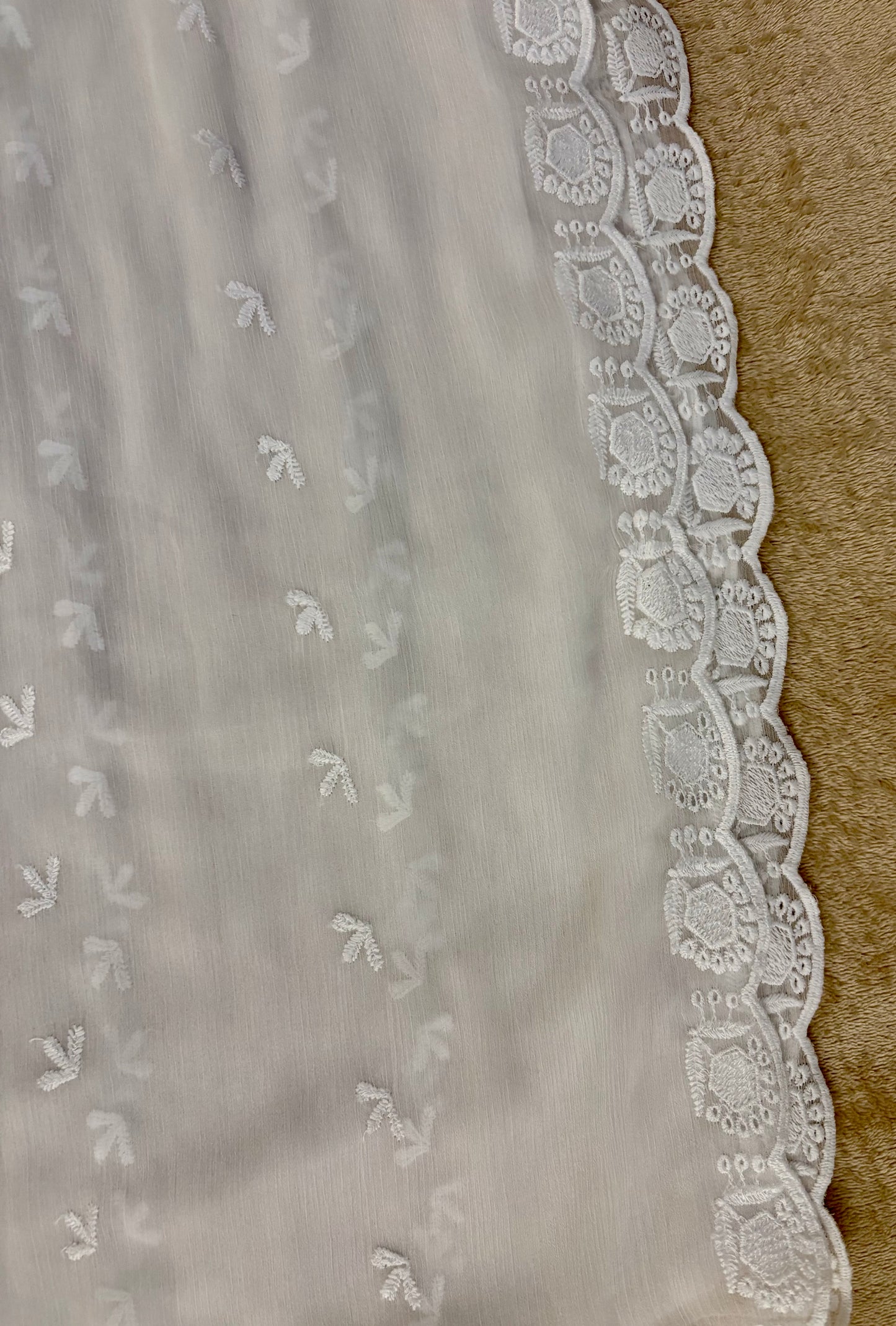 Crinkle Embroidery Dupatta, Soft Floral Wrap, Elegant Ladies Scarf, 314,White