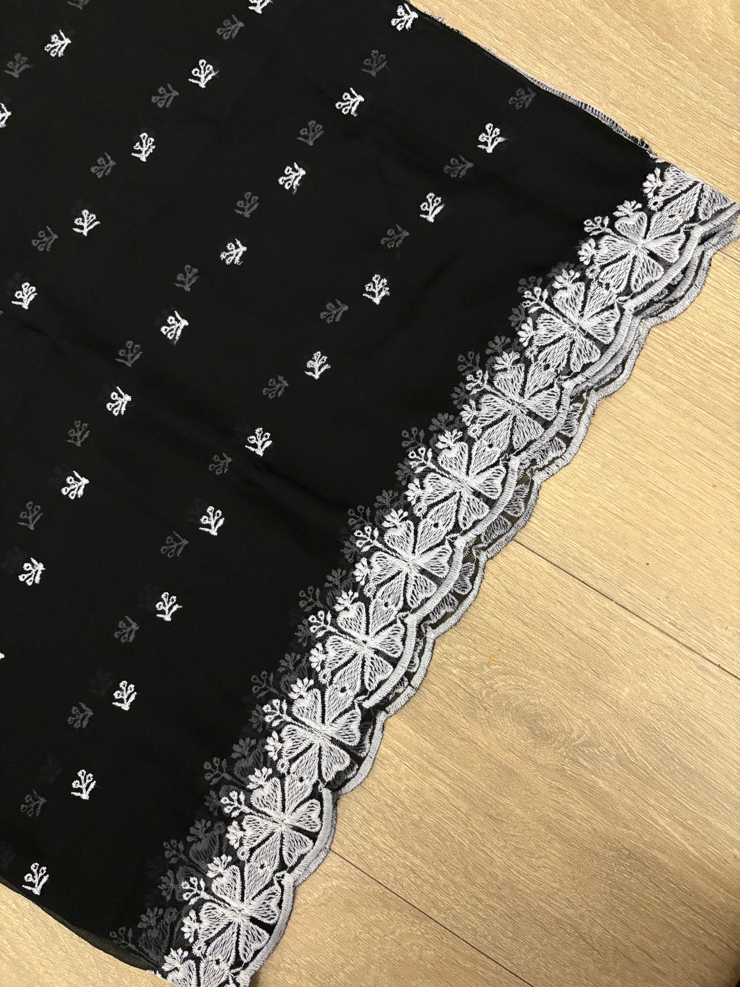 Crinkle Embroidery Dupatta, Soft Floral Wrap, Elegant Ladies Scarf, 299,Black