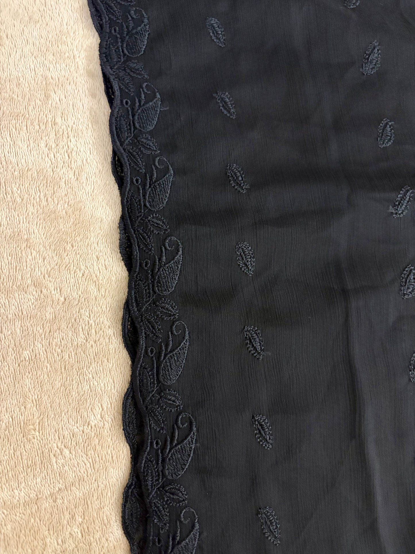 Crinkle Embroidery Dupatta, Soft Floral Wrap, Elegant Ladies Scarf, 315,Black