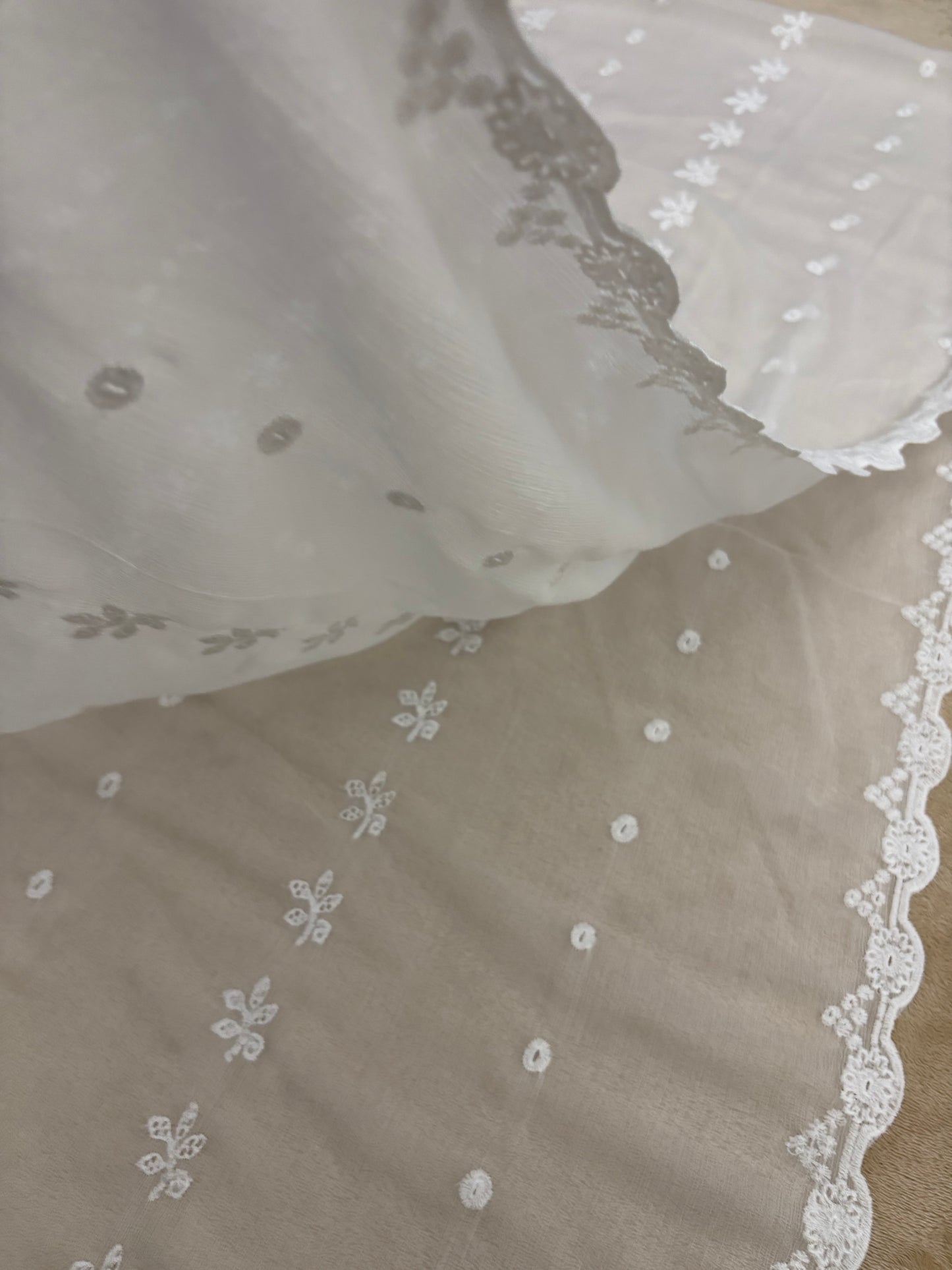 Crinkle Embroidery Dupatta, Soft Floral Wrap, Elegant Ladies Scarf, 324,White