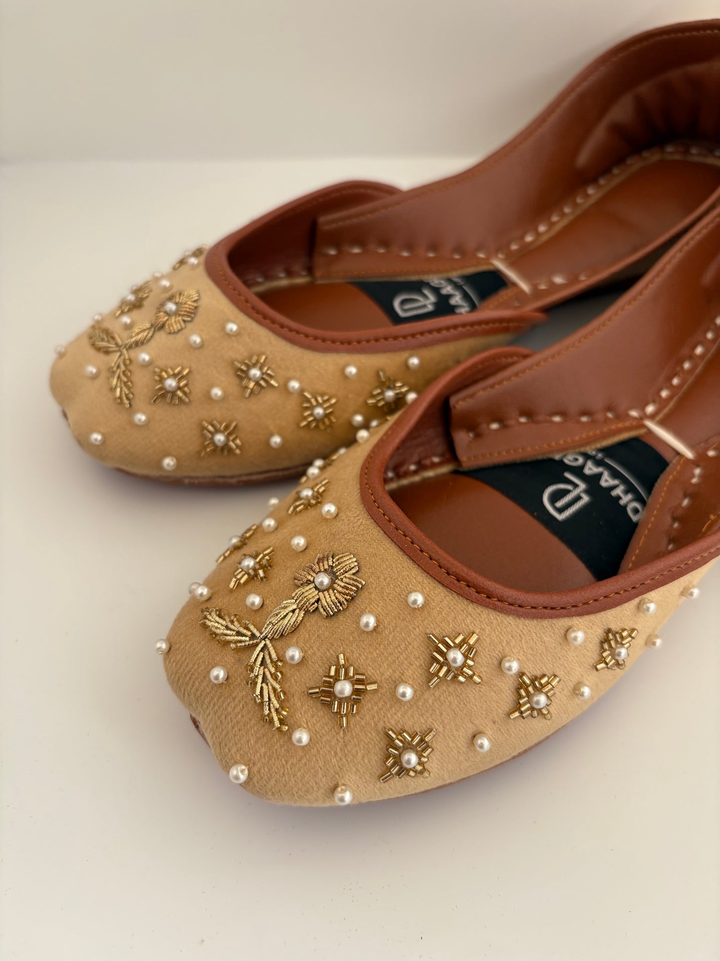 338-Handmade Leather/Velvet Khussa/Jutti -Warm Sand-Available sizes: UK 5,6,7,8